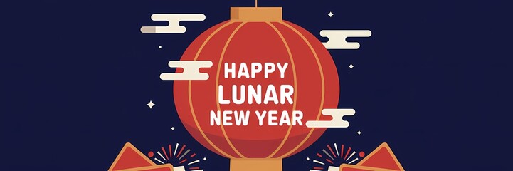 A creative minimalist Lunar New Year poster design with a dark theme. The poster features a large red lantern with the text "Happy Lunar New Year" in white. The lantern is hanging from a wooden pole. 