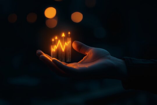 Hand Holding a Glowing Upward Arrow Chart with Blue Light Effects, Representing Business Growth and Market Recovery