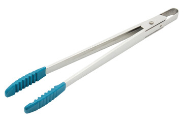 Stainless steel tongs with blue handles isolated with transparent background