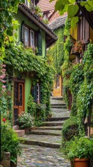 Fototapeta premium Charming Cobblestone Alley with Ivy-Covered Houses in a Quaint European Village