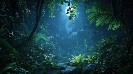 Fototapeta premium Moonlit Tropical Rainforest Stream Scene