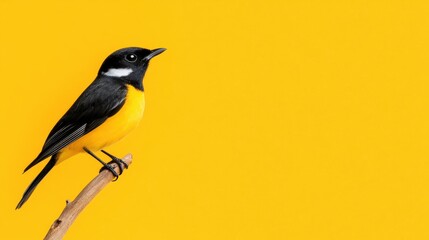 Vibrant Bird Perched on Branch Against Bright Yellow Background