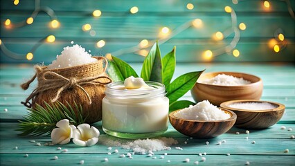 White wood table displays calming coconut moisturizer and bath salts, perfect spa setting.