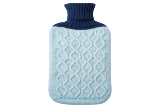 Light blue knitted hot water bottle isolated with transparent background