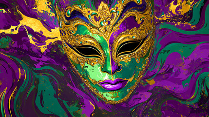 Luxurious Mardi Gras Mask with Gold and Emerald Accents, Close-up of an ornate Mardi Gras mask, featuring vibrant emerald green and gold detailing, with accents of purple.