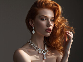 Ginger woman model with high end jewellery in dramatic studio light 