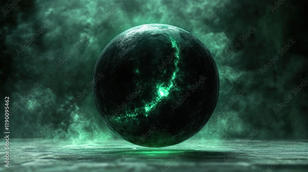 Poster mysterious glowing orb in ethereal green haze a digital art creation of a dark sphere with luminesce