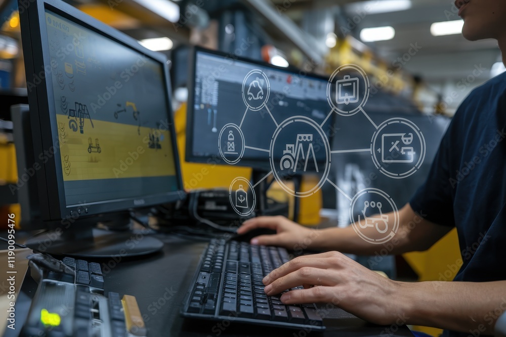 Poster industrial worker monitoring machinery via computer system
