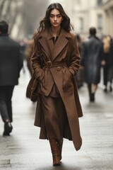 Obraz premium Elegant Woman in Long Brown Coat Walking Confidently on Urban Street