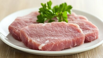 Fototapeta premium Fresh Pork Cuts on White Plate with Green Garnish