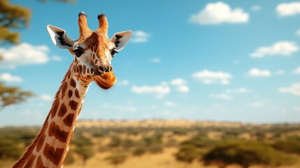 Naklejka premium Giraffe Portrait Against Soft Focus Savanna Landscape in Daylight