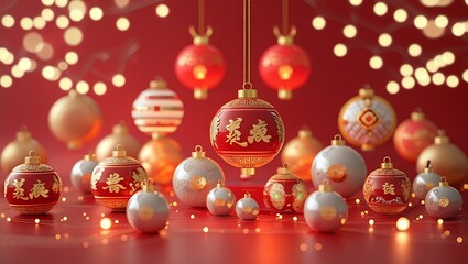 Fototapeta premium Chinese New Year Christmas balls on red background