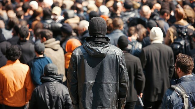 An undercover agent blending into a crowd in a busy city square.