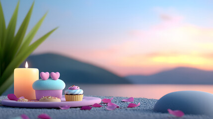 serene 3D landscape featuring picnic setup with cupcakes, candle, and flower petals on sandy beach at sunset. scene evokes romantic and peaceful atmosphere