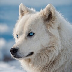 Obraz premium A close-up portrait of an Arctic dog with piercing blue eyes, white background.
