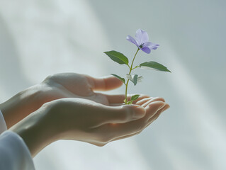 A close-up of two hands gently holding a small sprouting plant with a single purple flower. The image symbolizes women’s nurturing strength and the growth of future generations. 