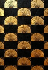 A dynamic black and gold checkered background with alternating squares filled with golden Chinese fan patterns for a festive look.