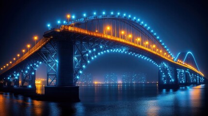 Illuminated Steel Arch Bridge at Night over City Water