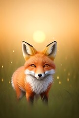 Obraz premium Curious Red Fox in Golden Sunrise Amid Dewy Grass