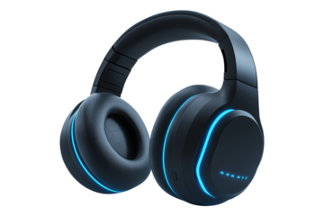 headphones with blue LED lighting isolated on transparent white background, clipping path