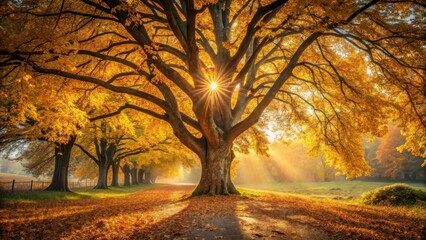 Old tree stands alone in autumn alley amidst fallen leaves and golden sunlight filtering through the trees, creating a warm ambiance , leaves, golden light