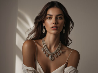 Brunette woman model with high end jewellery in dramatic studio lighting 
