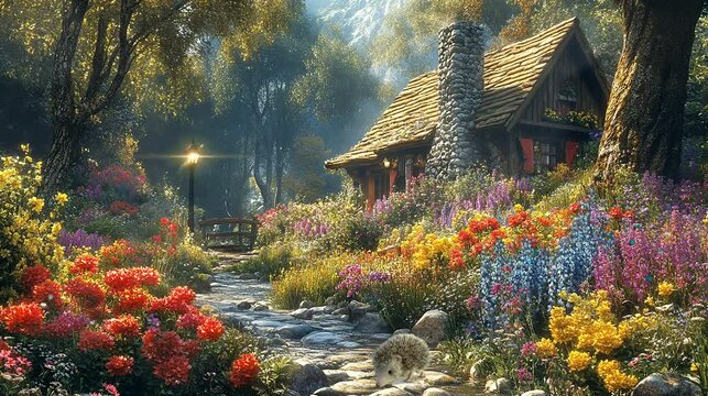 Rustic stone cottage surrounded by vibrant flowers and lush greenery in the forest. Seamless looping video animation.