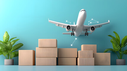 International cargo plane flying above stacked boxes and plants