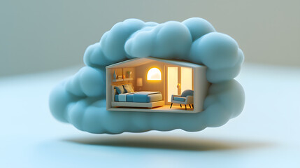 whimsical dollhouse nestled in fluffy cloud, featuring cozy bedroom with soft lighting and comfortable chair. This imaginative scene evokes sense of comfort and creativity