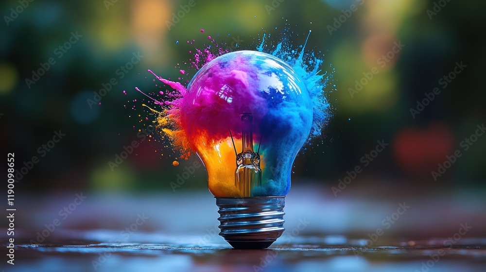 Poster colorful paint exploding from a lightbulb.
