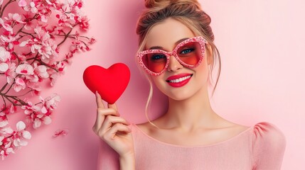Love in the Air: A charming young woman in stylish pink attire and oversized heart-shaped sunglasses radiates joy, holding a plush heart against a backdrop of delicate pink blossoms.