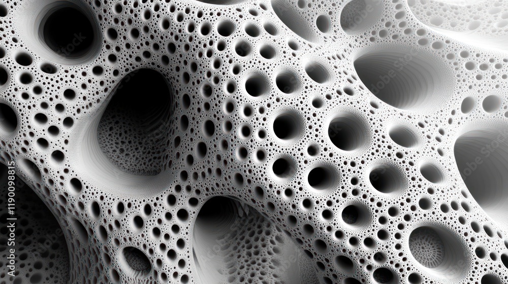 Poster abstract grayscale fractal art: intricate network of holes and tunnels, resembling a porous surface 