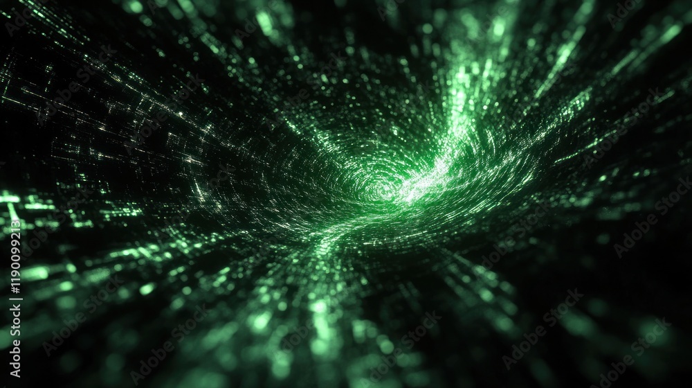 Poster abstract green vortex: digital tunnel of light and data stream