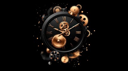 Obraz premium Intricate clock gears, golden accents on black; a mesmerizing timepiece.