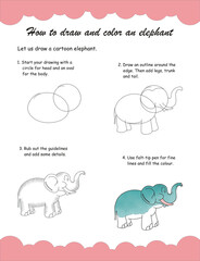 How to draw and color an elephant for children. Step by step drawing tutorial. A simple guide to learning to draw. Drawing and coloring worksheet. Coloring elephant