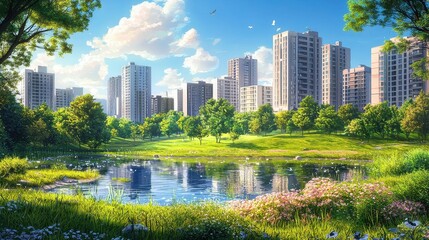 Obraz premium Cityscape Park Idyll with Pond and Towering Buildings