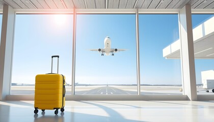 Airport terminal, large glass windows, yellow suitcase, airplane taking off, bright blue sky, modern interior, travel concept, wide angle view, sunlight, reflective floor
