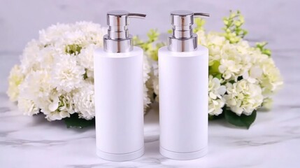 Elegant White Cosmetic Bottles with Pump on Marble Background