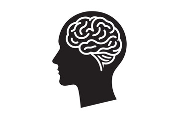 Human head profile with brain symbol, black icon vector illustration 
