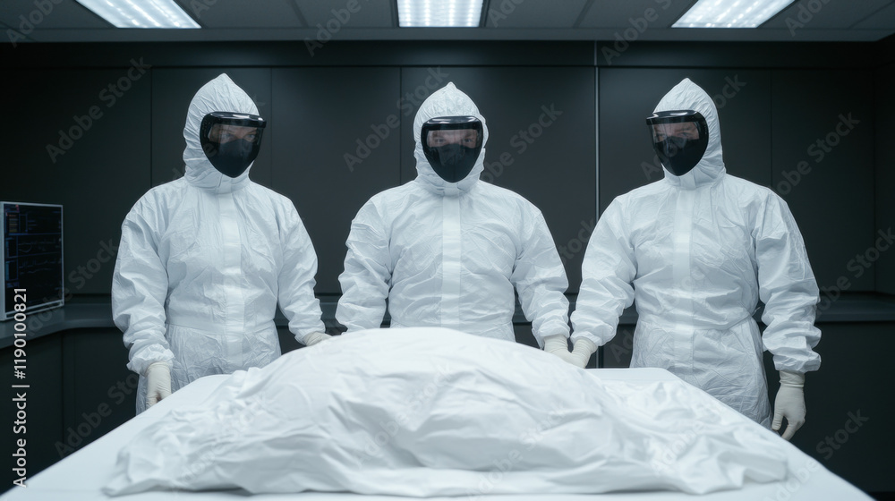 Poster autopsy, forensic team analyzing autopsy findings in a high-fidelity image, showcasing a detailed di