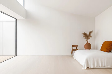 Fototapeta premium Modern minimalist bedroom with natural light and neutral decor in a serene setting