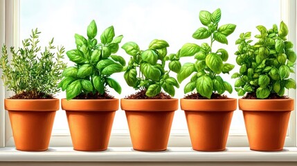 Lush Green Herbs Growing in Clay Pots by Sunny Window Light
