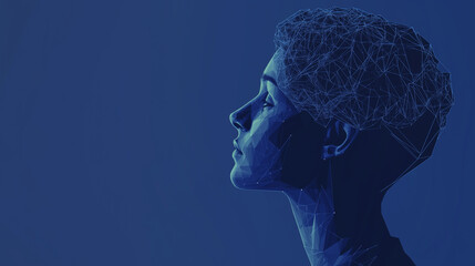 Obraz premium Serene AI Woman Portrait, Digital Art with Polygonal Face Design, Set Against a Blue Abstract Background, Futuristic, Modern, and Artistic Representation of Beauty and Technology, Ai generated images