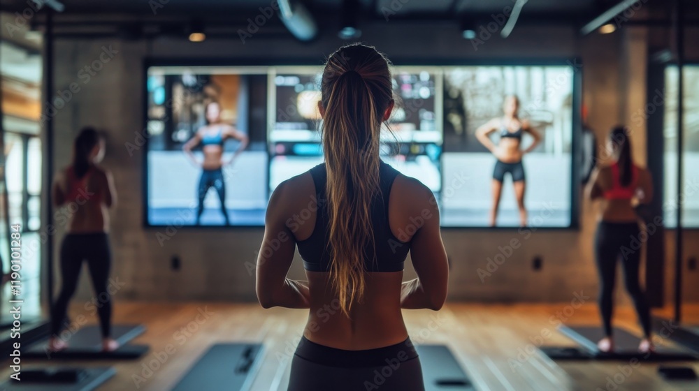 Poster virtual group classes allow interaction with global fitness enthusiasts.