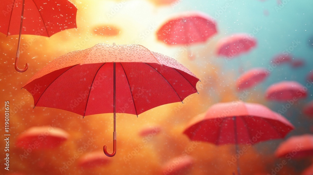 Poster illustration of umbrellas floating and rotating randomly at different angle