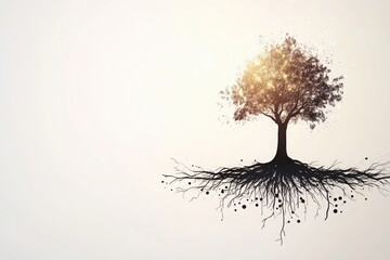 Hybrid tree with mechanical roots and digital branches nature landscape concept art minimalist environment artistic perspective