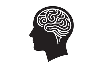 Human head profile with brain symbol, black icon vector illustration 