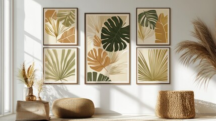 Monstera and Palm Prints â€“ A collection of boho-inspired prints with abstract monstera and palm leaves in earthy tones of green, beige, and yellow.