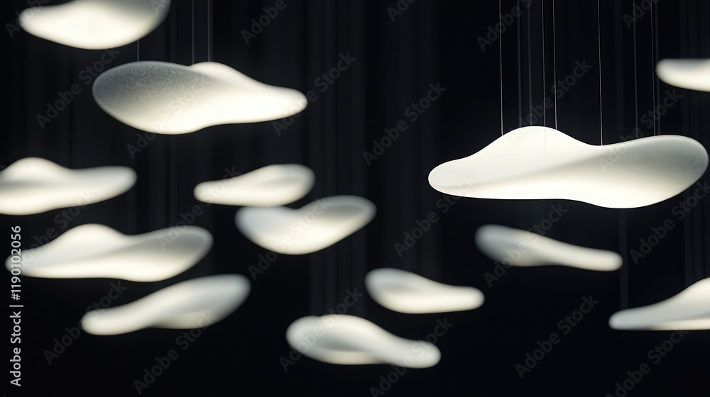 Poster abstract custom shaped lights floating against a dark background with room for text in the top right