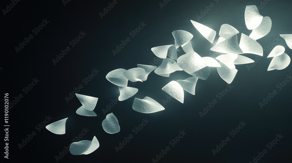 Poster abstract custom shaped lights floating against a dark background with room for text in the top right